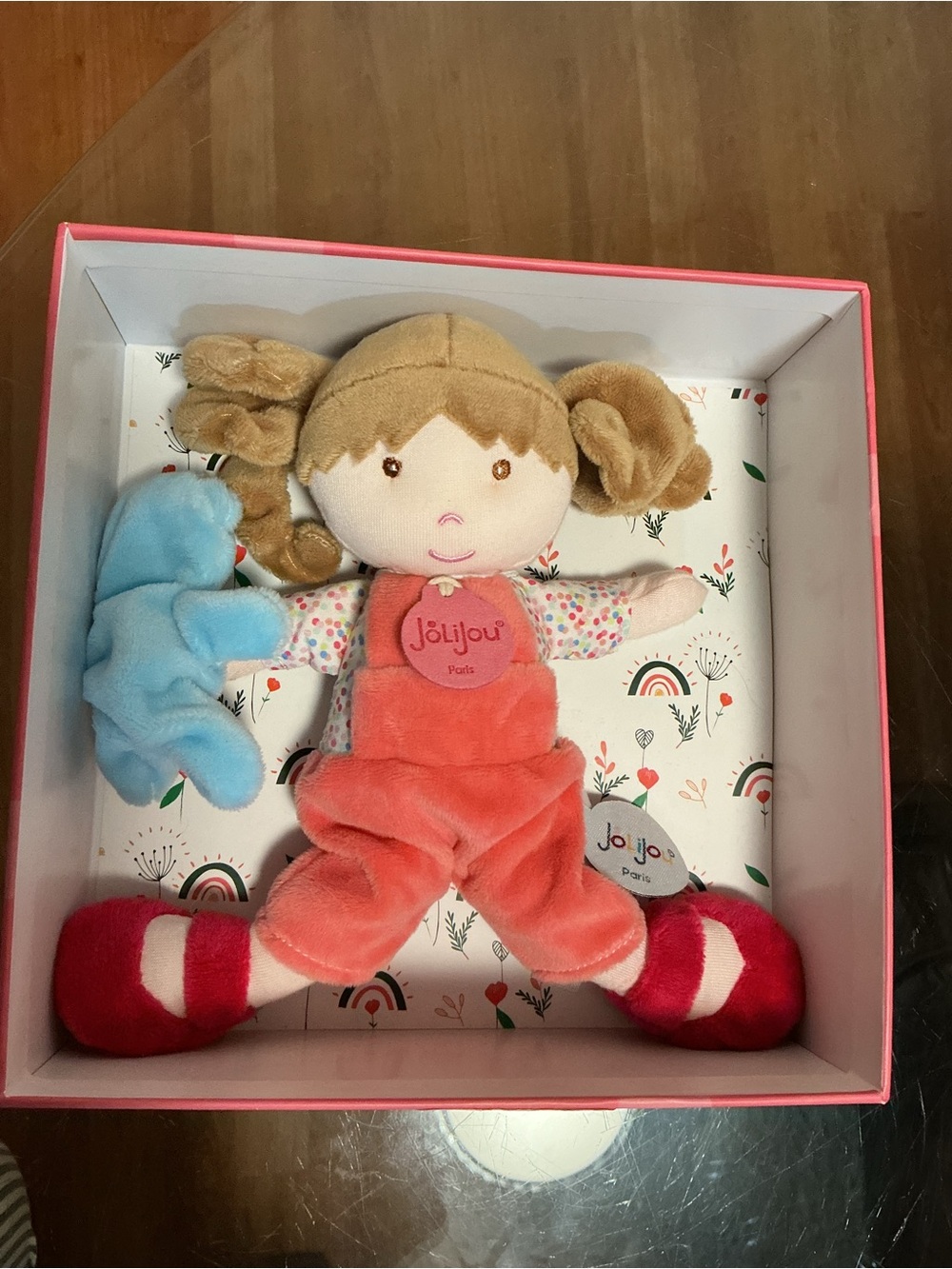 Brand New Jolilou Pink Plush Doll with Blue Bunny Accessory